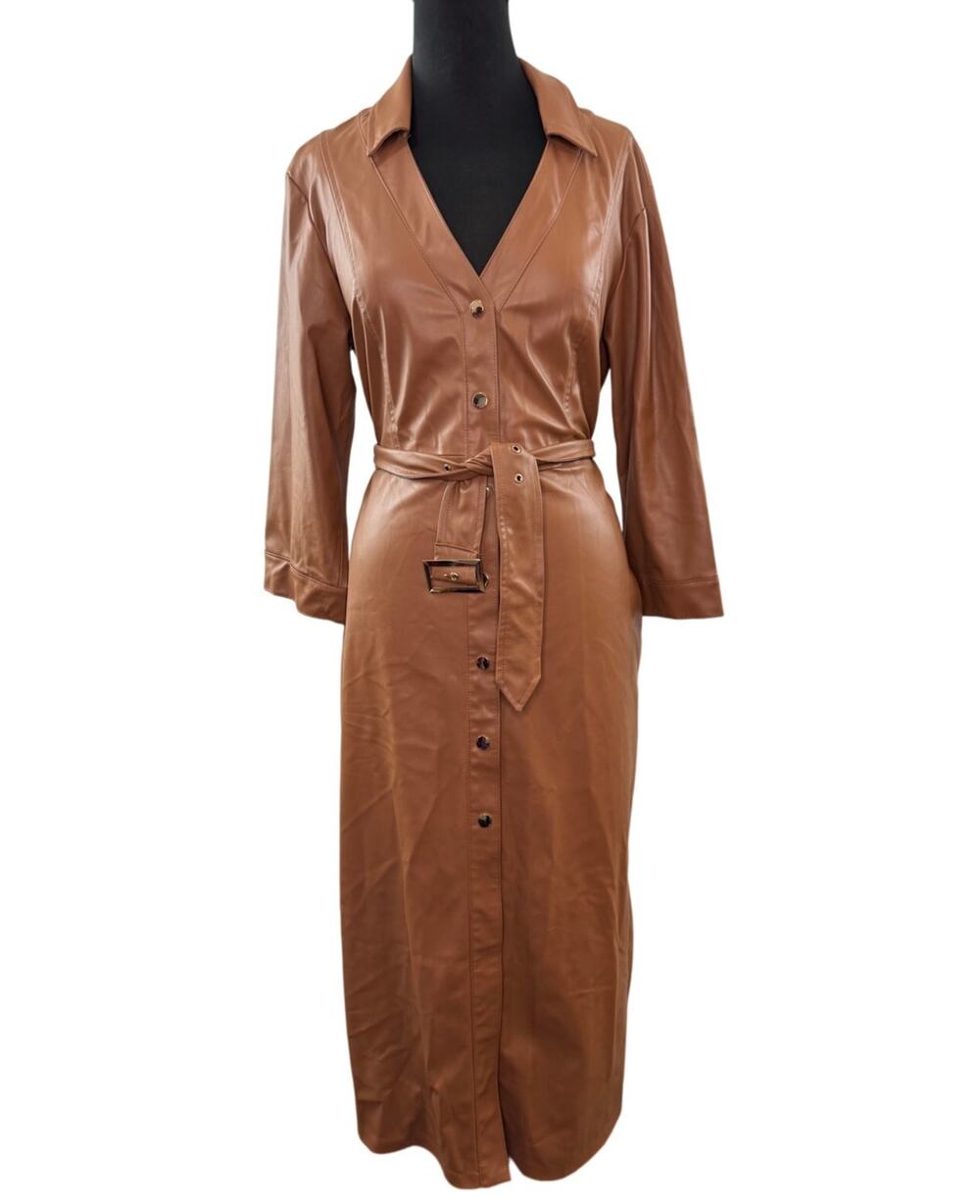 ZARA Brown Shirt Dress Faux Leather Belted Split Collar Front Button Sz XL NWOT